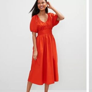 Ann Taylor Smocked Orange Midi Dress fits like a 14